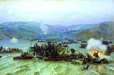 Trecerea Dunării de către armata rusă, 15 iunie 1877. Pictură de Nikolai Dmitriev-Orenburgski