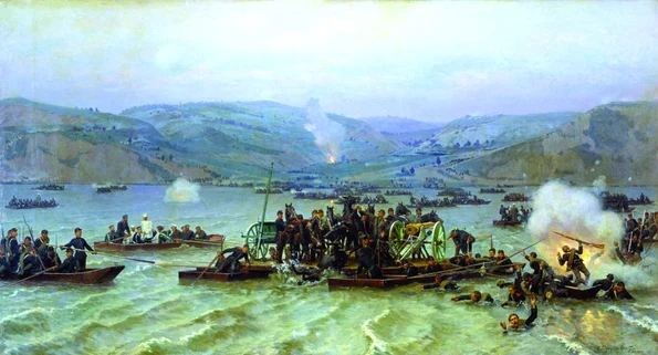 Trecerea Dunării de către armata rusă, 15 iunie 1877. Pictură de Nikolai Dmitriev-Orenburgski