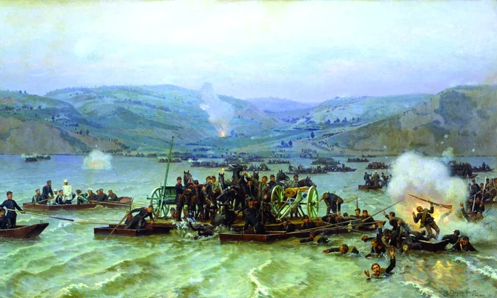 Trecerea Dunării de către armata rusă, 15 iunie 1877. Pictură de Nikolai Dmitriev-Orenburgski
