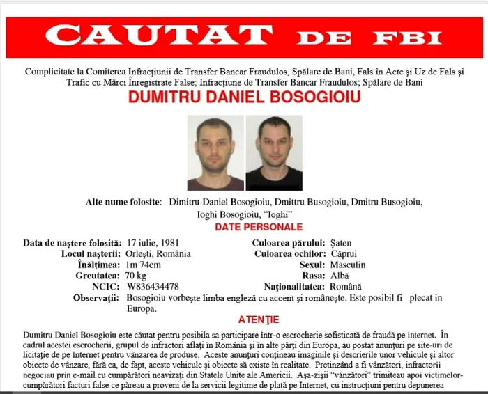 Daniel Dumitru Boşogioiu - aghiotantul celui mai vânat român prin de Poliţia Capitalei pentru a fi extrădat în SUA Foto FBI