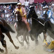 Un călăreţ cade în timpul tradiţionalei curse de cai Palio di Siena