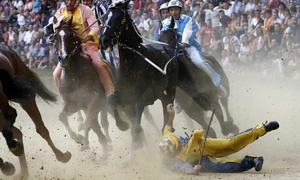 Un călăreţ cade în timpul tradiţionalei curse de cai Palio di Siena