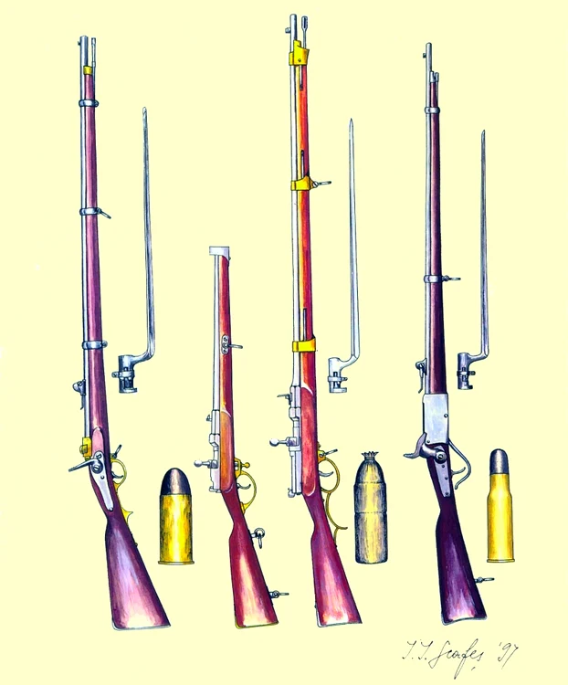 De la stânga la dreapta: Puşcă sistem „Krnka”, md. 1877, cal. 15,24 mm, cu baioneta şi cartuşul utilizat; Carabină sistem „Dreyse”, md. 1867, cal. 15,43 mm; Puşcă sistem „Dreyse”, md. 1867, cal. 15,43 mm, cu baioneta şi cartuşul utilizat; Puşcă siste