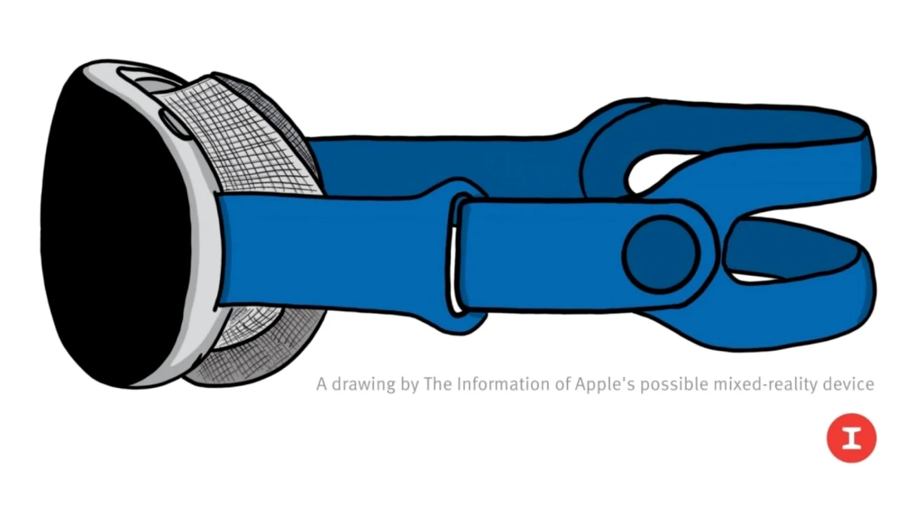 Schiţă realizată de jurnaliştii The Information a felului în care ar putea arăta casca de realitate mixtă Apple.