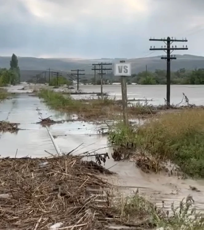 Pârâul Jăravăț a ieșit din matcă, apele acoperind calea ferată FOTO: captura video/FB P.M. Bârlad