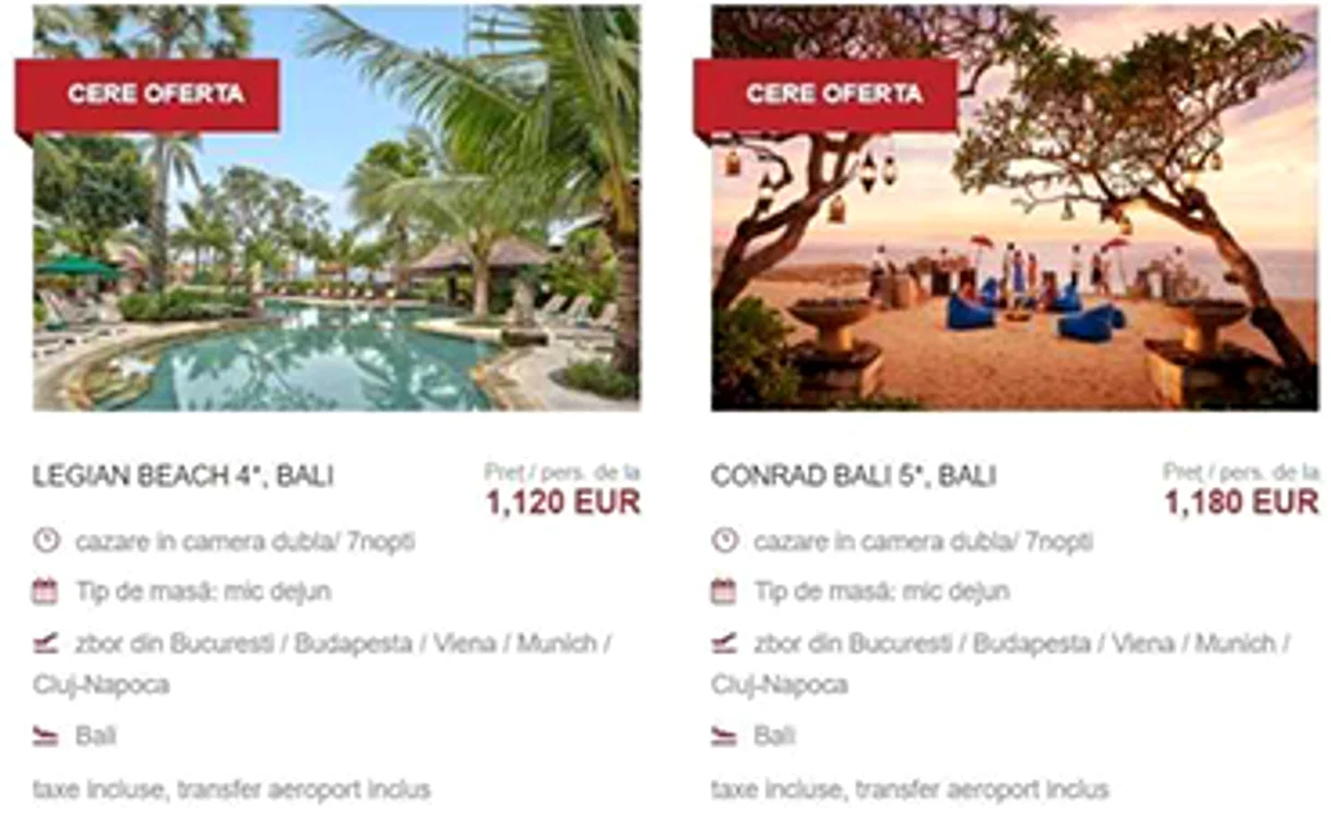 În Bali, un sejur de 7 zile costă 1.200 euro/persoană, la 4 sau 5 stele, cu zbor inclus