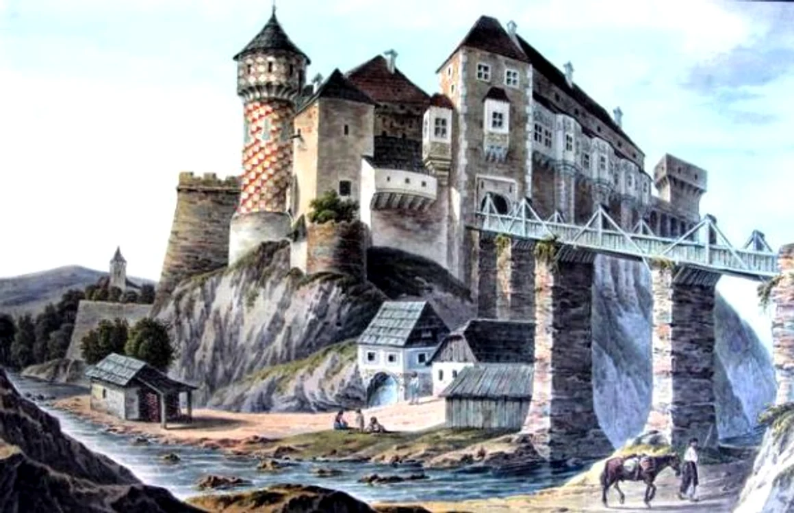Castelul Corvinilor în secolul al XIX-lea, înainte de fi mistuit de incendiul din 1854. Gravură.