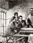Desen reprezentând pe Gheorghe Gheorghiu-Dej, Chivu Stoica, Gheorghe Apostol şi alte persoane, la Conferinţa de partid de la Doftana din anul 1938 (© „Fototeca online a comunismului românesc”, cota: 1/1938)