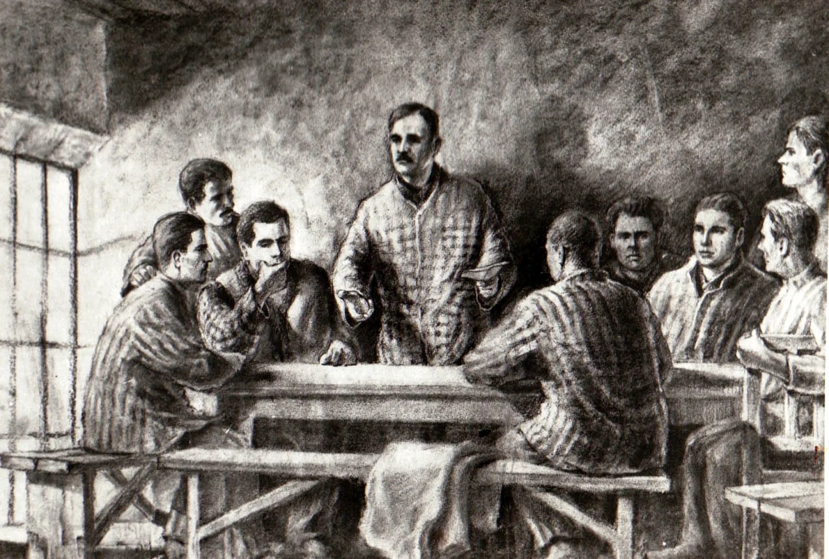 Desen reprezentând pe Gheorghe Gheorghiu-Dej, Chivu Stoica, Gheorghe Apostol şi alte persoane, la Conferinţa de partid de la Doftana din anul 1938 (© „Fototeca online a comunismului românesc”, cota: 1/1938)