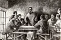 Desen reprezentând pe Gheorghe Gheorghiu-Dej, Chivu Stoica, Gheorghe Apostol şi alte persoane, la Conferinţa de partid de la Doftana din anul 1938 (© „Fototeca online a comunismului românesc”, cota: 1/1938)