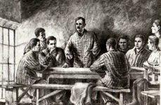Desen reprezentând pe Gheorghe Gheorghiu-Dej, Chivu Stoica, Gheorghe Apostol şi alte persoane, la Conferinţa de partid de la Doftana din anul 1938 (© „Fototeca online a comunismului românesc”, cota: 1/1938)