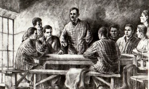 Desen reprezentând pe Gheorghe Gheorghiu-Dej, Chivu Stoica, Gheorghe Apostol şi alte persoane, la Conferinţa de partid de la Doftana din anul 1938 (© „Fototeca online a comunismului românesc”, cota: 1/1938)