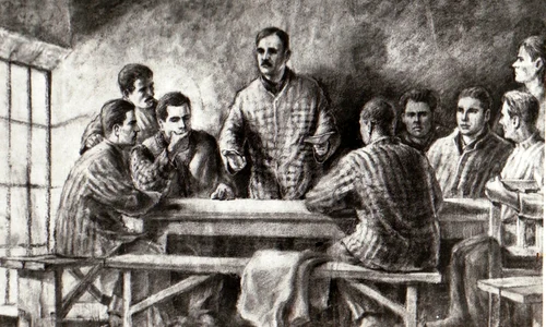Desen reprezentând pe Gheorghe Gheorghiu-Dej, Chivu Stoica, Gheorghe Apostol şi alte persoane, la Conferinţa de partid de la Doftana din anul 1938 (© „Fototeca online a comunismului românesc”, cota: 1/1938)