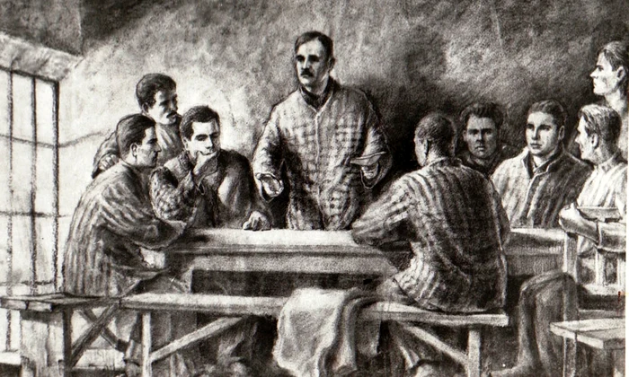 Desen reprezentând pe Gheorghe Gheorghiu-Dej, Chivu Stoica, Gheorghe Apostol şi alte persoane, la Conferinţa de partid de la Doftana din anul 1938 (© „Fototeca online a comunismului românesc”, cota: 1/1938)