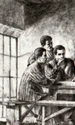 Desen reprezentând pe Gheorghe Gheorghiu-Dej, Chivu Stoica, Gheorghe Apostol şi alte persoane, la Conferinţa de partid de la Doftana din anul 1938 (© „Fototeca online a comunismului românesc”, cota: 1/1938)