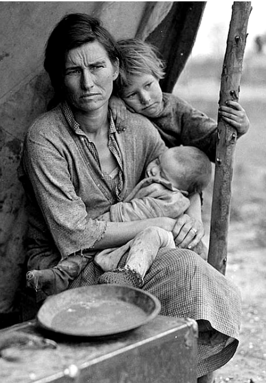 O imagine reprezentativã pentru Marea Depresiune: Mama migrantã (fotograf: Dorothea Lange)