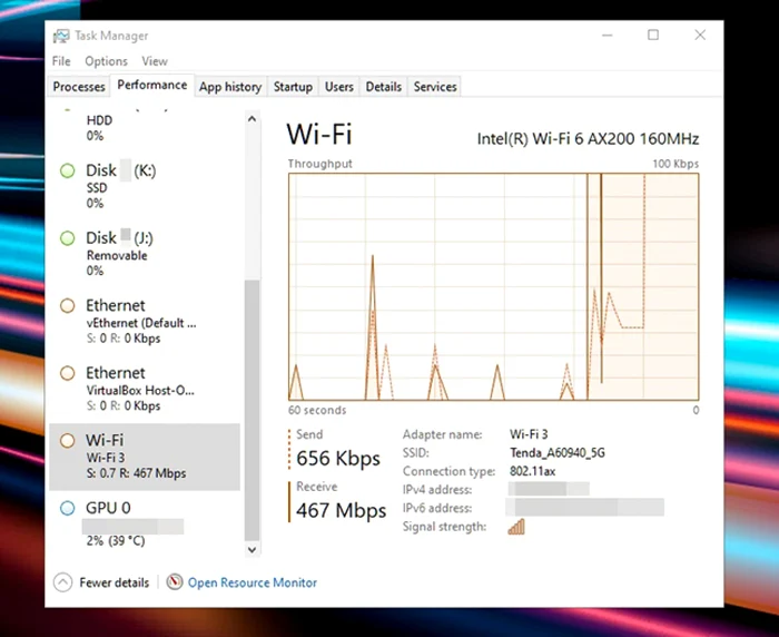 TENDA E30 AX3000 Viteza în Task Manager