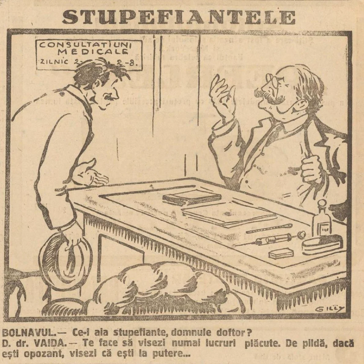 1928, ianuarie 23. Caricatură publicată în presă cu privire la stupefiante. „Universul”, nr. 19, 23 ianuarie 1928, p. 1 (© Arhivele Naționale ale Românie)