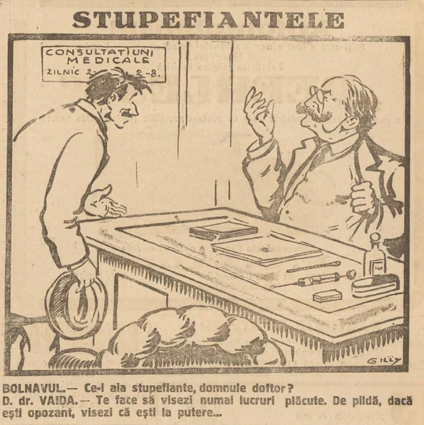 1928, ianuarie 23. Caricatură publicată în presă cu privire la stupefiante. „Universul”, nr. 19, 23 ianuarie 1928, p. 1 (© Arhivele Naționale ale Românie)