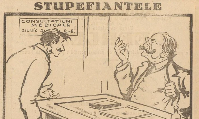 1928, ianuarie 23. Caricatură publicată în presă cu privire la stupefiante. „Universul”, nr. 19, 23 ianuarie 1928, p. 1 (© Arhivele Naționale ale Românie)