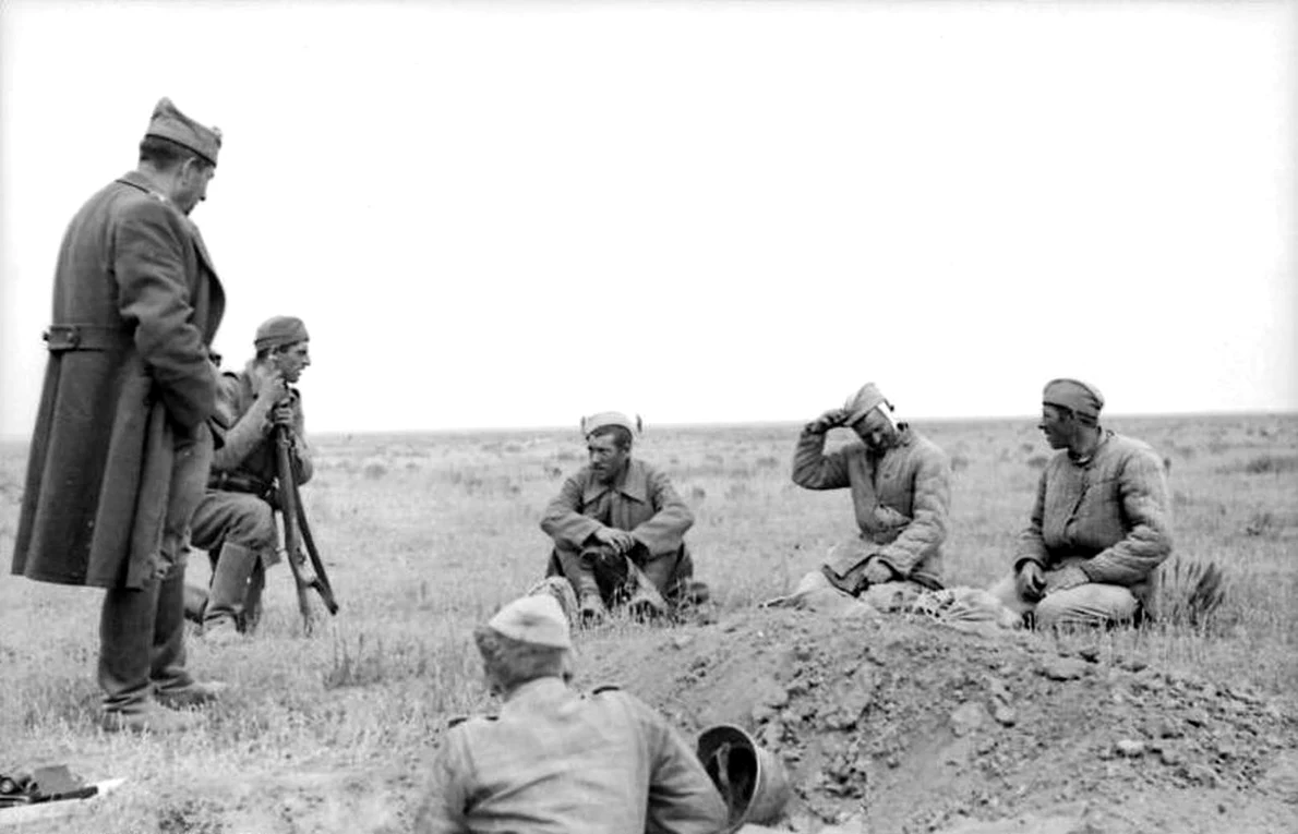 Soldați români și prizonieri ruși în zona Don/Stalingrad (© Bundesarchiv Bild 101I 218 0513 23A)