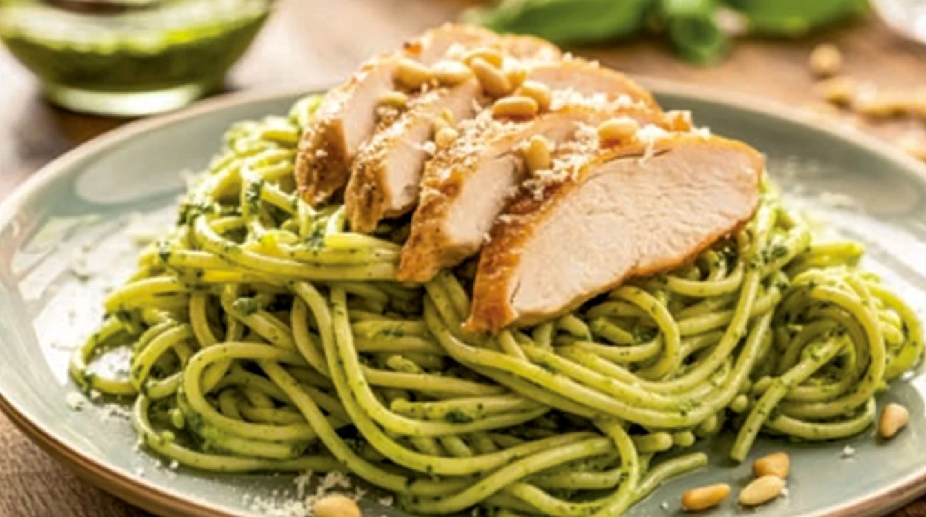 spaghete cu pesto si pui la gratar jpg