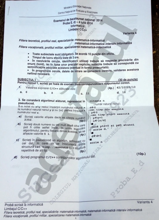 Subiectele la Informatică - Bac 2014
