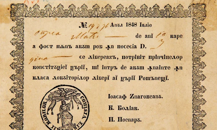 Document emis de Comisia Eliberării Romilor la 1848 (© Muzeul Național de Istorie a României)