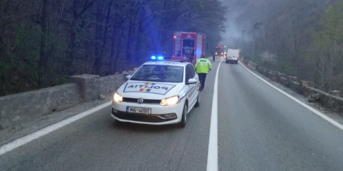 Traficul pe DN 7 - E 81 blocat pe un sens de mers se circula alternativ din cauza incendiului de pe unul din versanţii care străjuiesc Valea Oltului Foto Poliţia Română