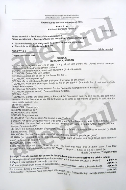 SUbiecte română Bacalaureat 2015