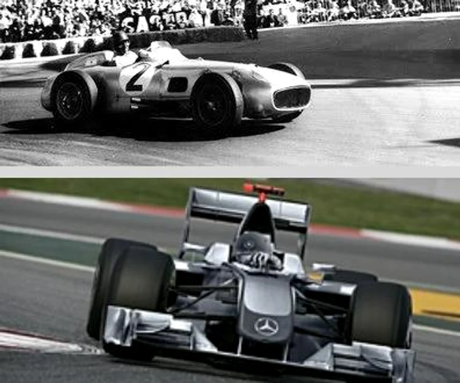 Sus: Monopostul Mercedes din 1955 al lui Fangio; Jos: Aşa ar putea arăta Mercedes GP 2010