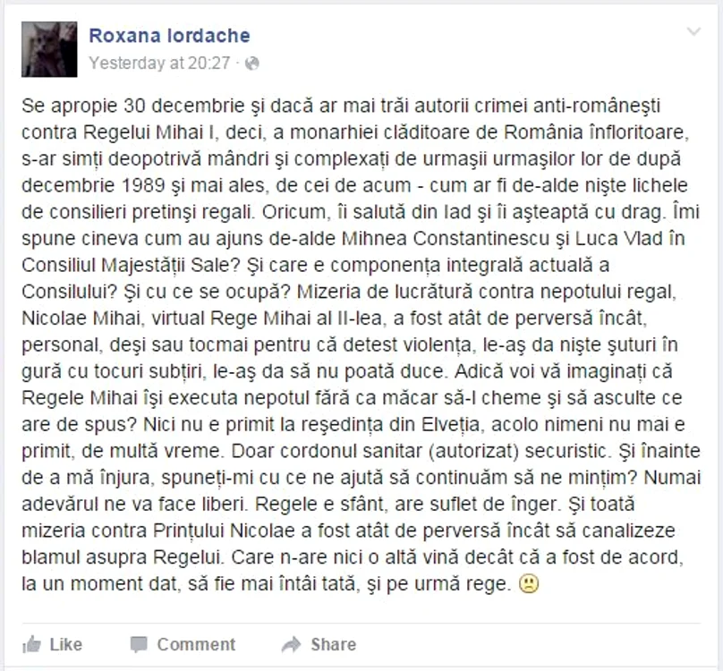 Mesajul Roxanei Iordache a indignat Casa Regală