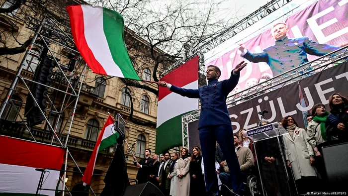 Liderul opoziției din Ungaria, Péter Magyar, la 15.03.2025, de Ziua Națională a Ungariei