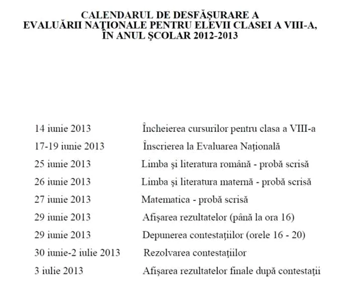 calendar evaluare naţională 2013