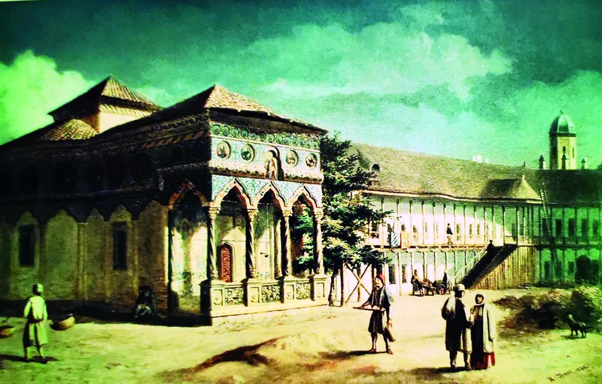 Mănăstirea Stavropoleos și hanul Grecilor. Pictură de Henry Trenk, 1862