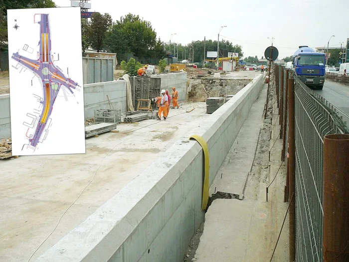 Pasajul subteran de la Piața Sudului ar trebui să rezolve problema ambuteiajelor în zonă, dar lucrările se desfășoară în ritm de melcFoto: metrouusor.ro