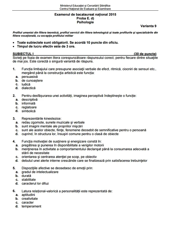 Bac 2015 subiecte. Psihologie - prima sesiune