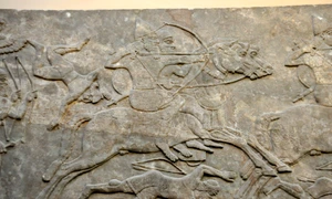 Assyrian cavalry charge the enemy, dating back to the reign of Ashurnasirpal II, 865 860 BCE  In this period, cavalry was relatively new  Detail of a gypsum wall relief from Nimrud, Iraq, currently housed in the Bri jpg