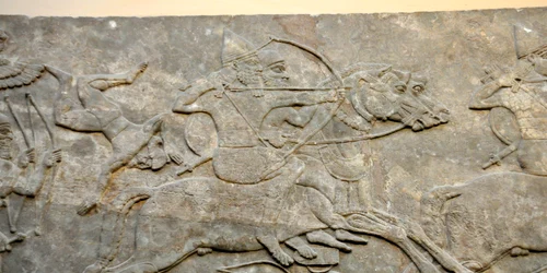 Assyrian cavalry charge the enemy, dating back to the reign of Ashurnasirpal II, 865 860 BCE  In this period, cavalry was relatively new  Detail of a gypsum wall relief from Nimrud, Iraq, currently housed in the Bri jpg
