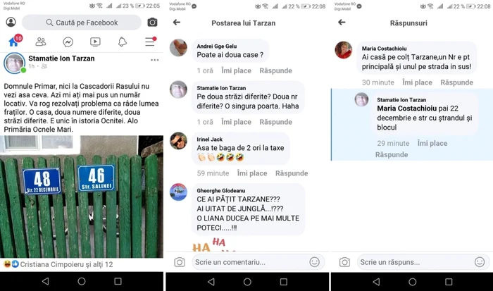 Postarea de pe Facebook legată de casa din Ocnele Mari - Vâlcea căreia i-au alocate doouă numere pe străzi diferite Foto colaj