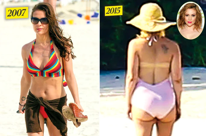 Alyssa Milano în urmă cu opt ani (stânga). Acum, Alyssa are mai bine de 10 kilograme în plus (dreapta)Foto Splashnews/AP