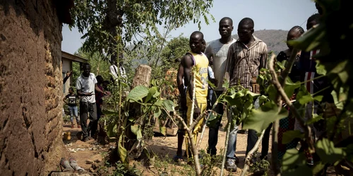 Locuitorii unui sat din Republica Centrafricana se uita la cadavrul unui rebel FOTO EPA-EFE