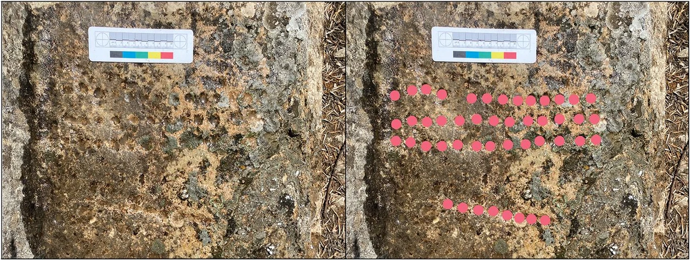 Tabla de joc, cu marcaj care arată poziția găurilor (© INSAP-UCL Volubilis Archaeological Project)