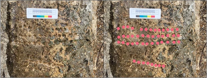 Tabla de joc, cu marcaj care arată poziția găurilor (© INSAP-UCL Volubilis Archaeological Project)