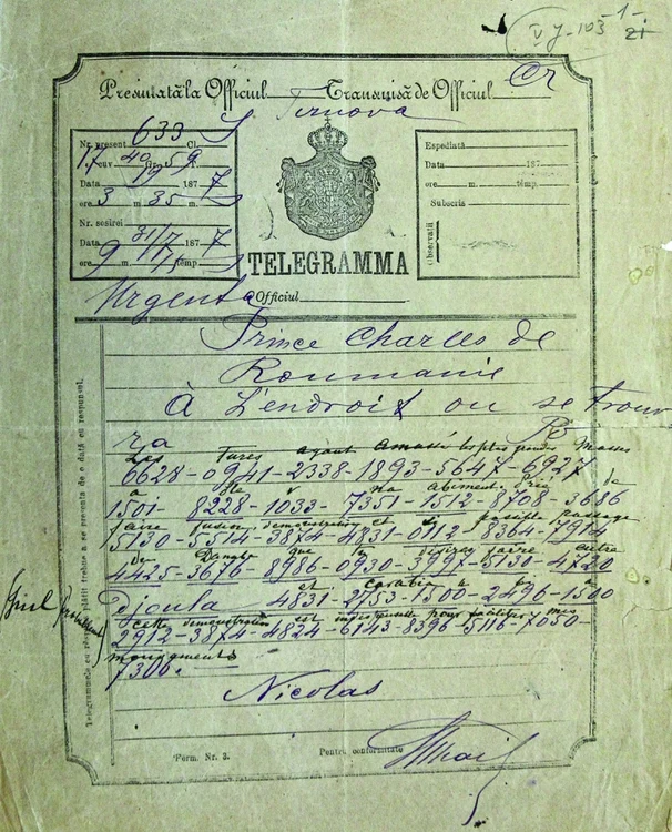 Telegrama trimisă de către Marele Duce Nicolae domnitorului Carol I