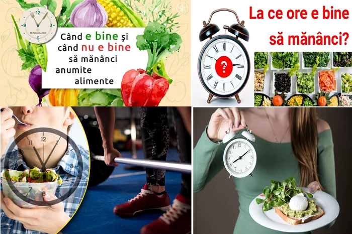 Colaj de ilustrații legate de orarul între care este bine să mănânci Foto DMS