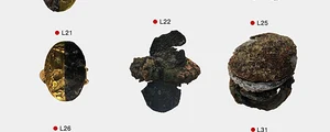 Selecție de bijuterii din fier de la sfârșitul Epocii Bronzului. Punctul roșu indică un artefact care are un conținut ridicat de  nichel (© Journal of Archaeological Science (2026). DOI: 10.1016/j.jas.2026.106622)