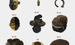 Selecție de bijuterii din fier de la sfârșitul Epocii Bronzului. Punctul roșu indică un artefact care are un conținut ridicat de nichel (© Journal of Archaeological Science (2026). DOI: 10.1016/j.jas.2026.106622)