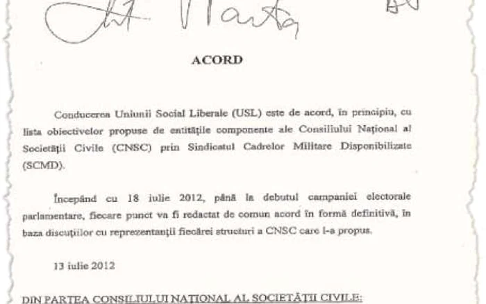 Pagini din acordul semnat între Victor Ponta şi Mircea Dogaru