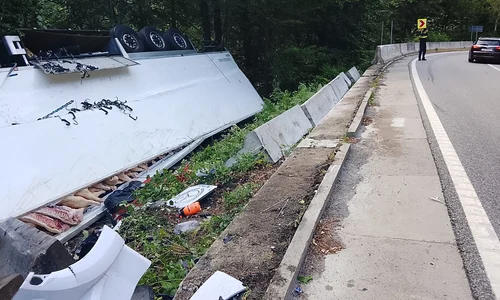 Un TIR plin cu carcase de porc s-a răsturnat în afara părții carosabile, luni, pe DN 66. DRDP: Craiova